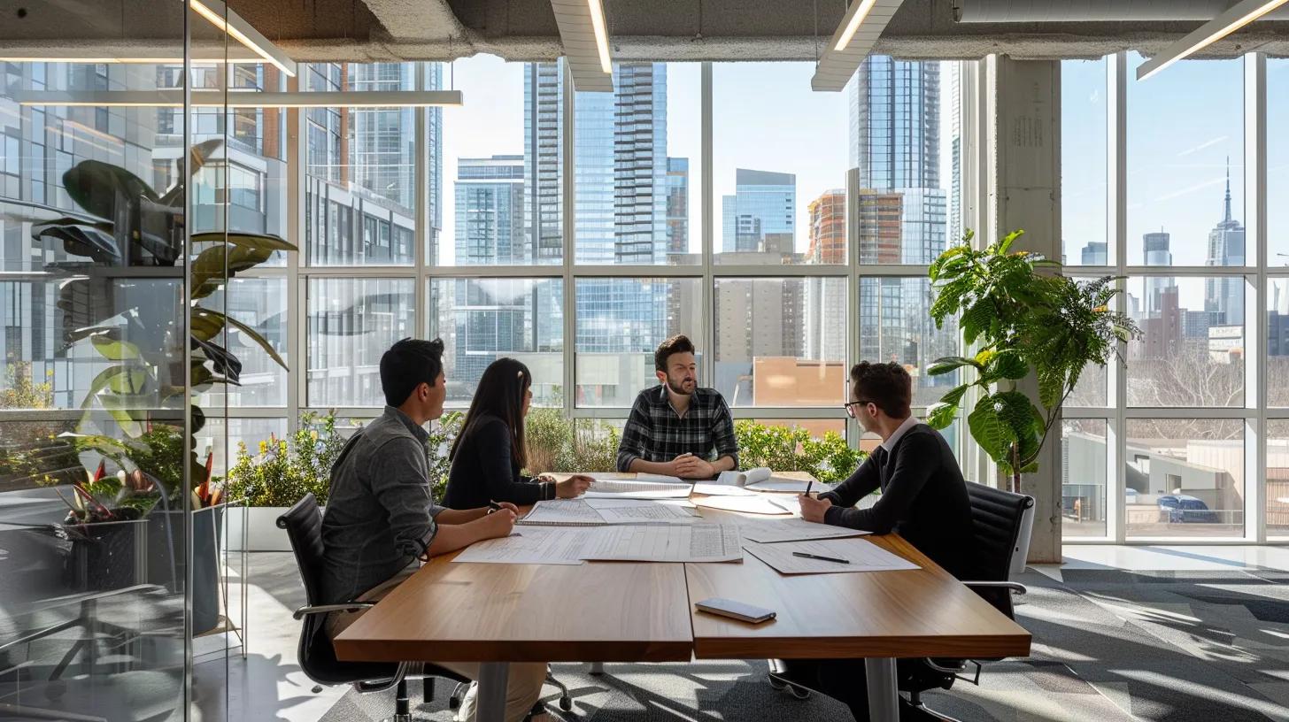 a spacious, modern office interior showcases a detailed meeting room with blueprints spread across a sleek table, while a diverse team discusses the sourcing of high-quality construction materials amid a backdrop of large windows revealing a bustling urban skyline. a spacious, modern office interior showcases a detailed meeting room with blueprints spread across a sleek table, while a diverse team discusses the sourcing of high-quality construction materials amid a backdrop of large windows revealing a bustling urban skyline.