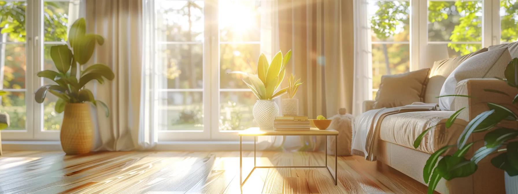 a sparkling, immaculate living room with sunlight streaming through large windows, highlighting the rich textures of freshly cleaned furniture and gleaming hardwood floors, embodies the essence of quality house cleaning services.