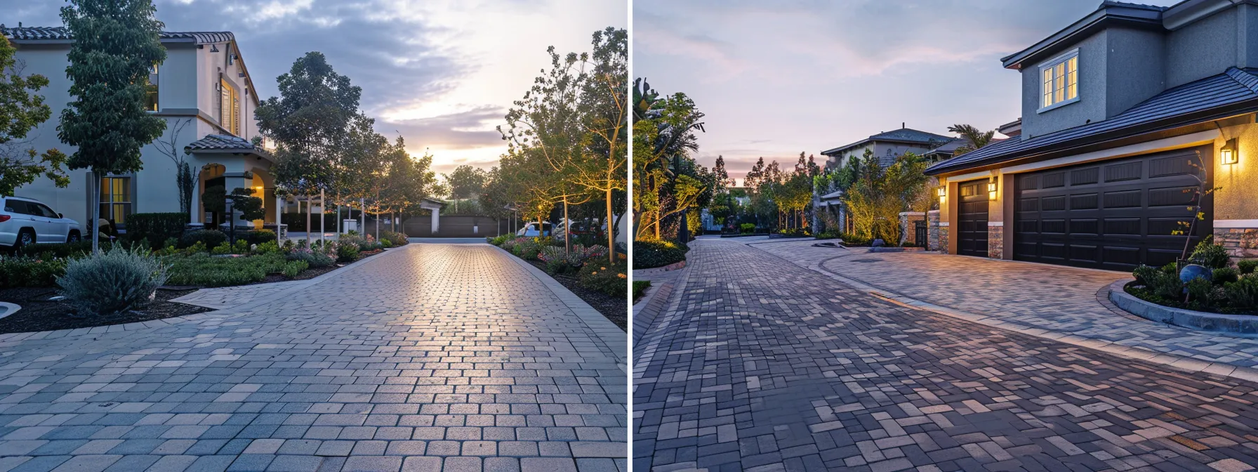 a split-image comparison showcases the stark contrast in paving costs, featuring a sleek commercial parking lot on one side and a charming residential driveway on the other, illuminated by warm evening light to highlight the textures and materials. a split-image comparison showcases the stark contrast in paving costs, featuring a sleek commercial parking lot on one side and a charming residential driveway on the other, illuminated by warm evening light to highlight the textures and materials.