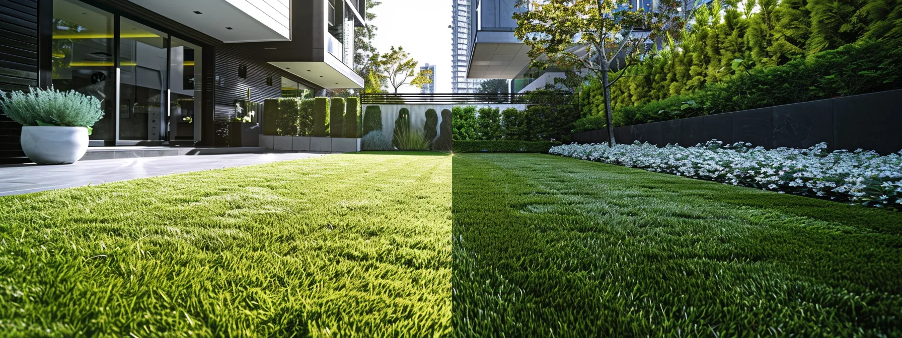 a split-screen image vividly contrasting a vibrant, neatly manicured lawn maintained by professionals with a patchy, overgrown diy lawn, set against a sleek urban backdrop emphasizing the choices in lawn care methods. a split-screen image vividly contrasting a vibrant, neatly manicured lawn maintained by professionals with a patchy, overgrown diy lawn, set against a sleek urban backdrop emphasizing the choices in lawn care methods.