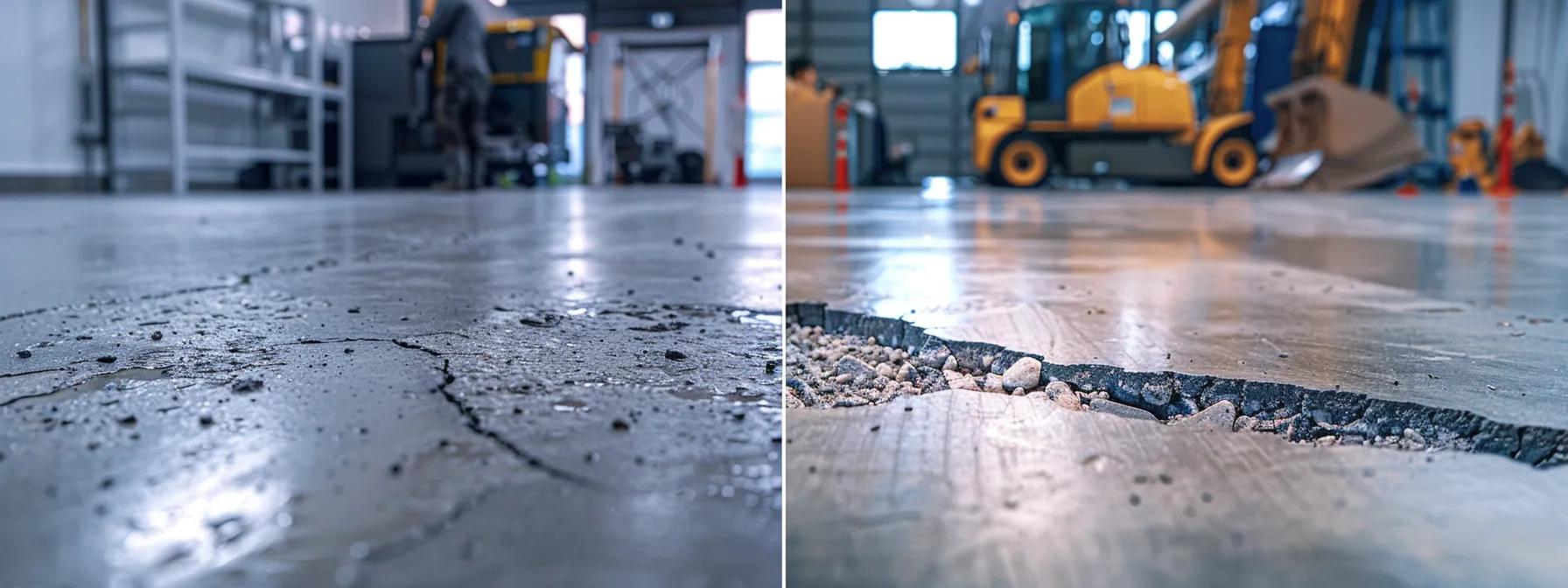 a split-screen view showcasing a worn, cracked concrete floor transformed into a sleek, polished surface, highlighting the resurfacing process in a well-lit industrial workspace. a split-screen view showcasing a worn, cracked concrete floor transformed into a sleek, polished surface, highlighting the resurfacing process in a well-lit industrial workspace.