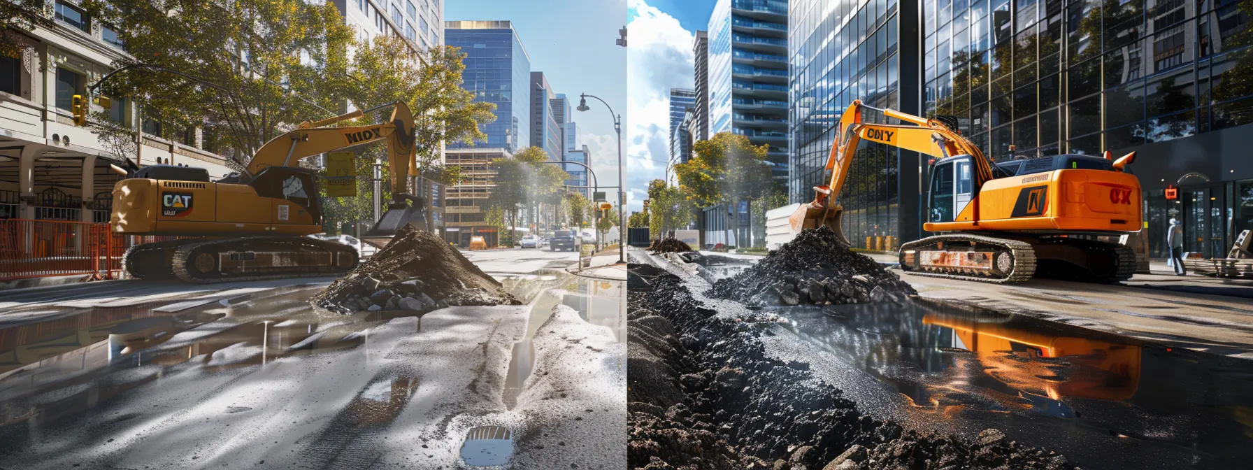 a split-screen image contrasts a pristine asphalt overlay on one side with a construction scene showcasing heavy machinery and workers engaged in complete pavement reconstruction on the other, under a bright urban setting.