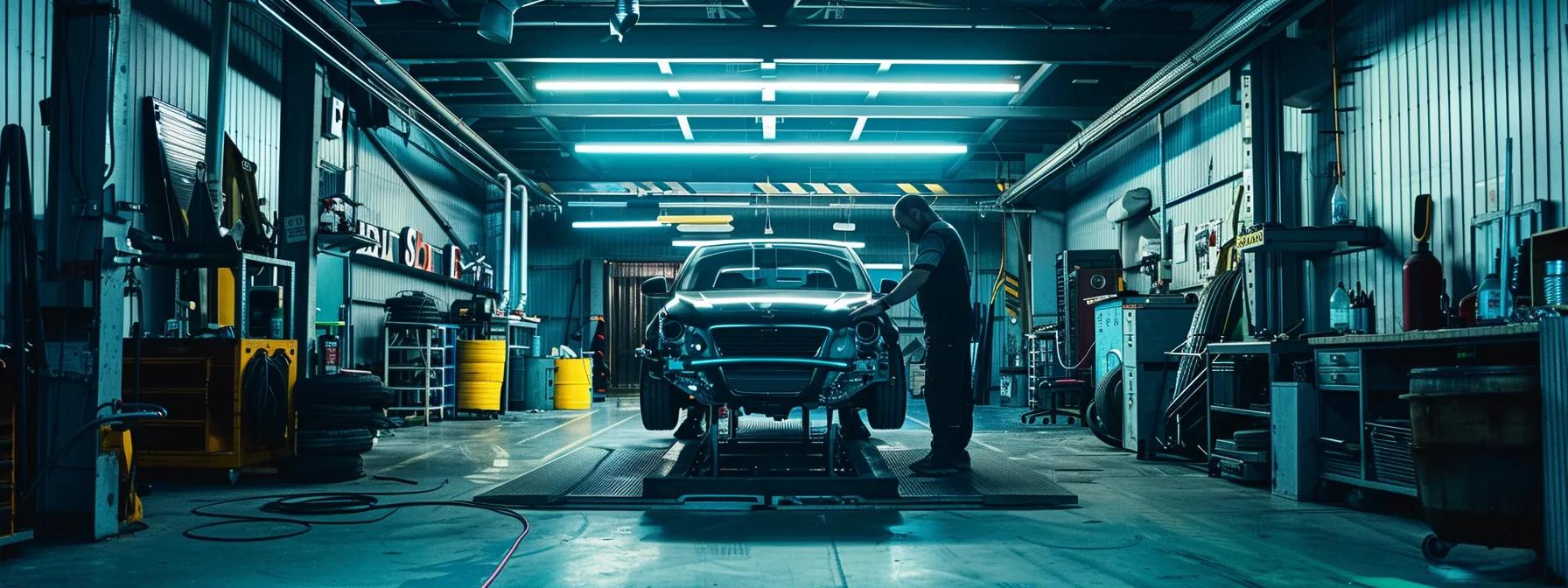 a stark automotive workshop setting showcases a mechanic inspecting a vehicle on a raised platform, highlighting crucial areas of potential roadworthy inspection failures under bright, focused lighting. a stark automotive workshop setting showcases a mechanic inspecting a vehicle on a raised platform, highlighting crucial areas of potential roadworthy inspection failures under bright, focused lighting.