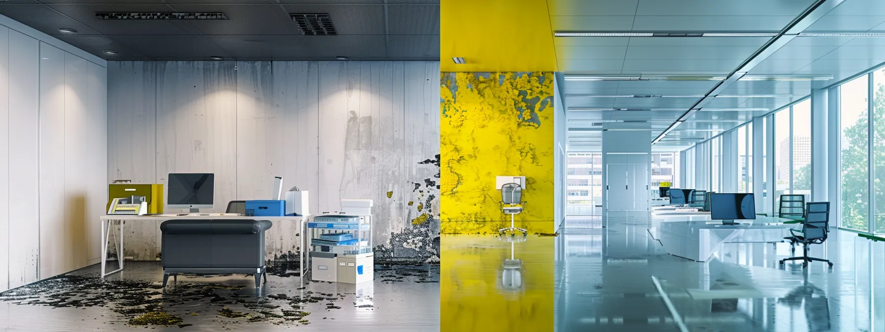 a stark contrast is illustrated in a modern office environment where one side displays a cluttered diy mold removal setup with makeshift tools and safety gear, while the other showcases a sleek professional mold removal team utilizing advanced equipment, both starkly highlighting the differences in approach and effectiveness. a stark contrast is illustrated in a modern office environment where one side displays a cluttered diy mold removal setup with makeshift tools and safety gear, while the other showcases a sleek professional mold removal team utilizing advanced equipment, both starkly highlighting the differences in approach and effectiveness.