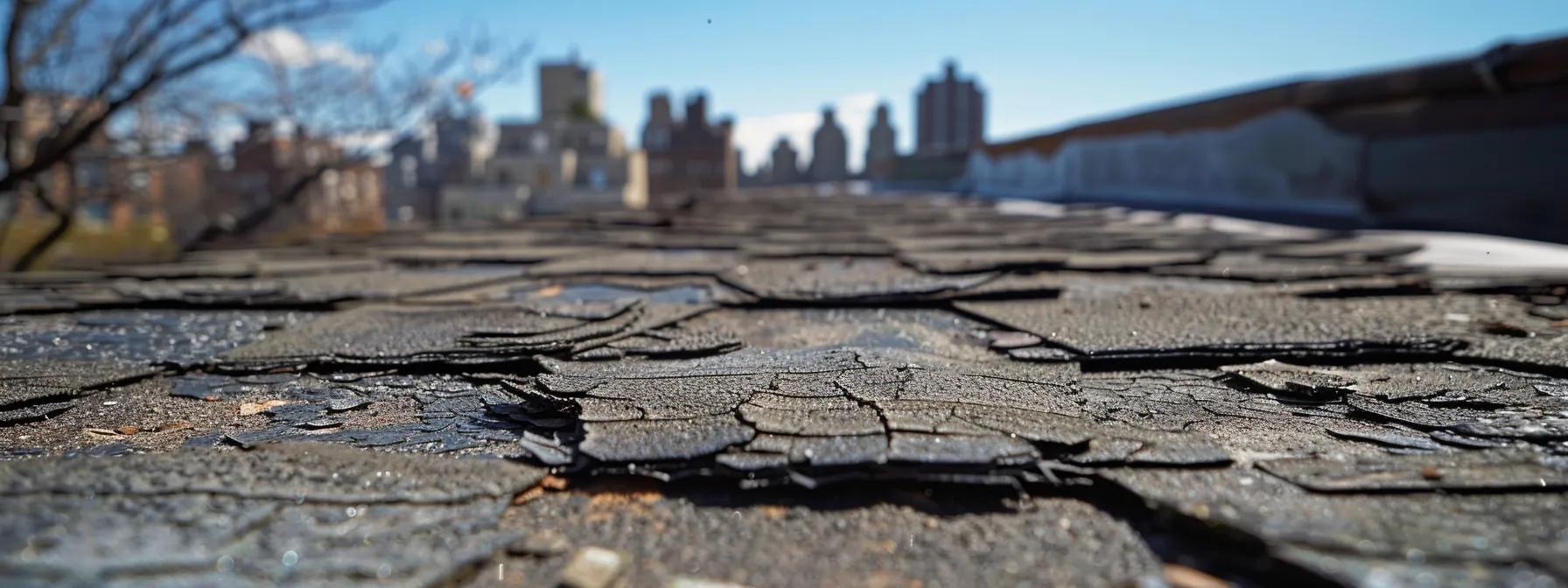 a stark, detailed close-up of a battered roof displaying significant cracks and missing shingles, set against the backdrop of an urban skyline, emphasizing the urgent need for professional inspection and repair. a stark, detailed close-up of a battered roof displaying significant cracks and missing shingles, set against the backdrop of an urban skyline, emphasizing the urgent need for professional inspection and repair.