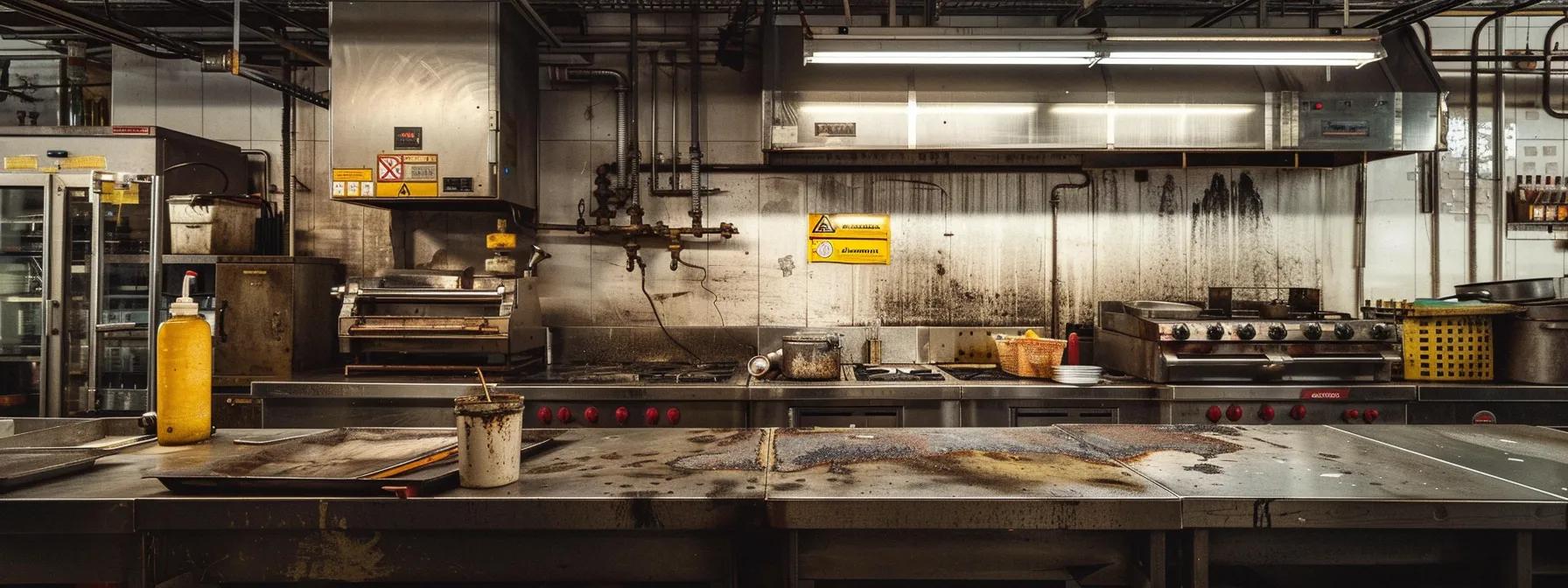 a stark, dimly lit commercial kitchen with visible warning signage about gas leaks, highlighting the tension of safety equipment alongside a hissing gas line, conveying the urgent hazards and dangers of gas leaks in a confined indoor space. a stark, dimly lit commercial kitchen with visible warning signage about gas leaks, highlighting the tension of safety equipment alongside a hissing gas line, conveying the urgent hazards and dangers of gas leaks in a confined indoor space.