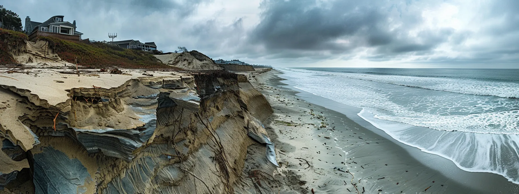 a starkly illustrated coastal landscape showcases eroding shorelines with prominent wave action, revealing alterations from human interventions and steep beach profiles, all under an overcast sky that accentuates the urgency of shoreline vulnerability.