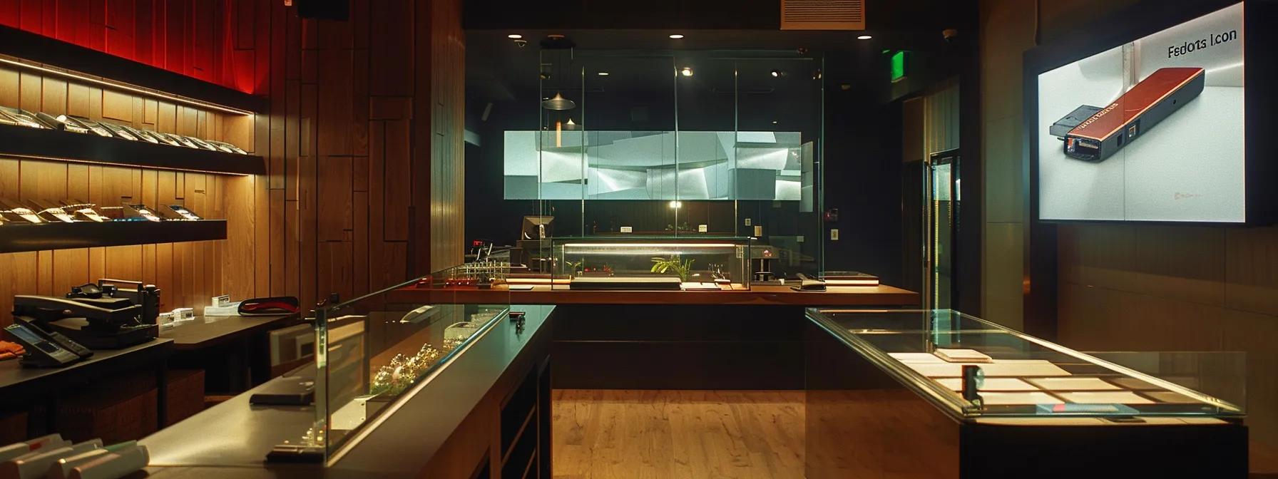 a state-of-the-art cannabis retail environment features sleek, robust security installations, including high-definition surveillance cameras and biometric access controls, exuding a sense of safety and professionalism in a dimly lit, modern interior.