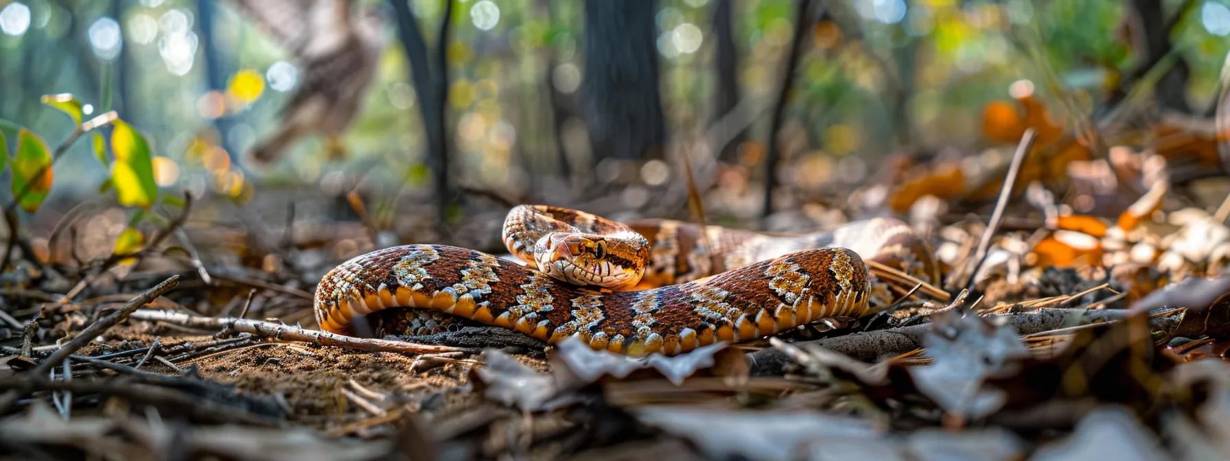 a stealthy corn snake, perfectly camouflaged against the textured ground of a forest edge, lies coiled and alert, poised to evade the watchful gaze of a soaring hawk above. a stealthy corn snake, perfectly camouflaged against the textured ground of a forest edge, lies coiled and alert, poised to evade the watchful gaze of a soaring hawk above.