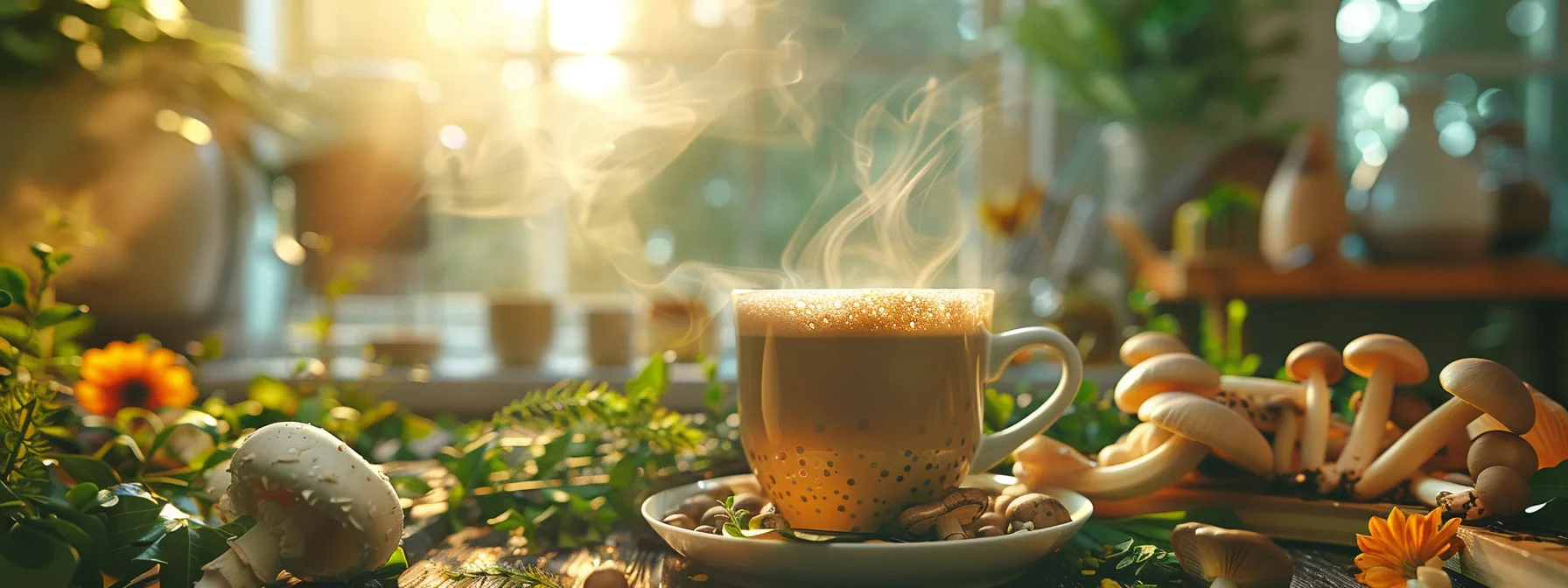 a steaming cup of everyday dose mushroom coffee, surrounded by natural elements like fresh mushrooms and vibrant green tea leaves, radiates a warm, inviting glow, highlighting its unique blend of wellness and flavor.