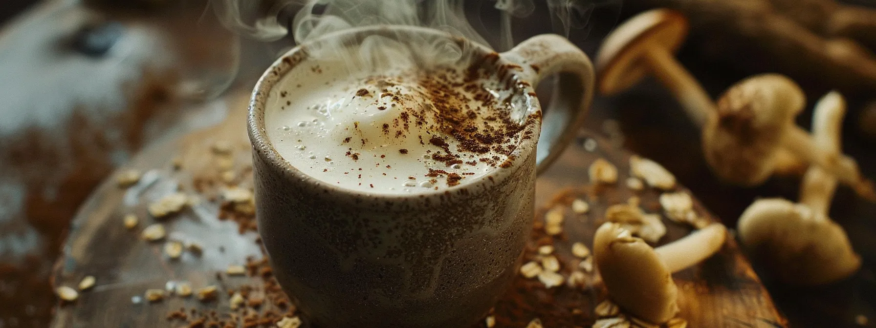a steaming cup of mud coffee, rich with deep earthy tones, contrasts elegantly with creamy oat milk, surrounded by vibrant mushrooms and chicory roots, evoking a sense of natural energy and mental clarity in soft morning light.