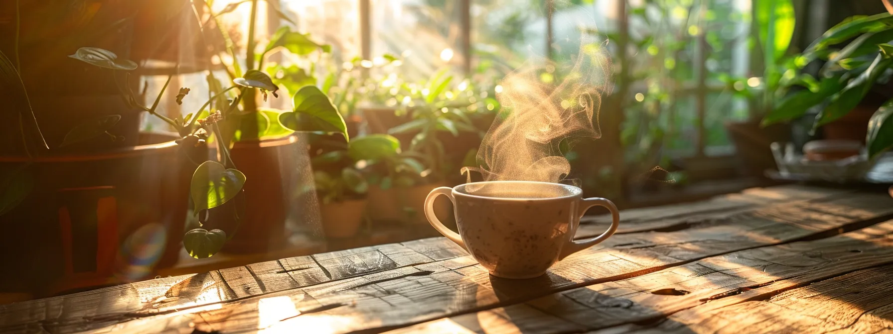 a steaming cup of mud coffee replacement sits on a rustic wooden table, surrounded by vibrant green plants, with golden sunlight pouring in through a nearby window, symbolizing enhanced energy and productivity.