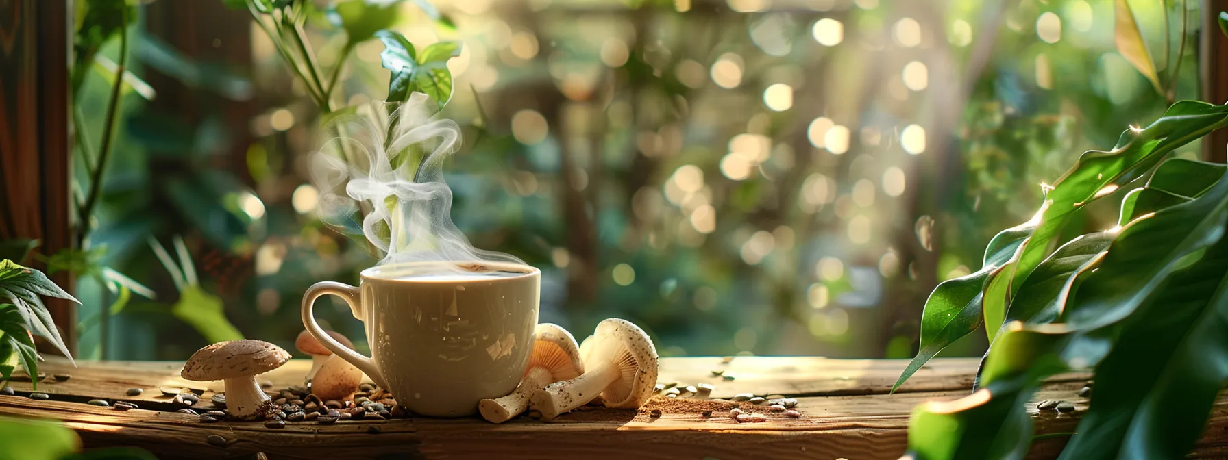 a steaming cup of mushroom coffee sits on a wooden table, surrounded by fresh mushrooms and vibrant green leaves, illuminated by soft morning light, symbolizing vitality and health benefits.