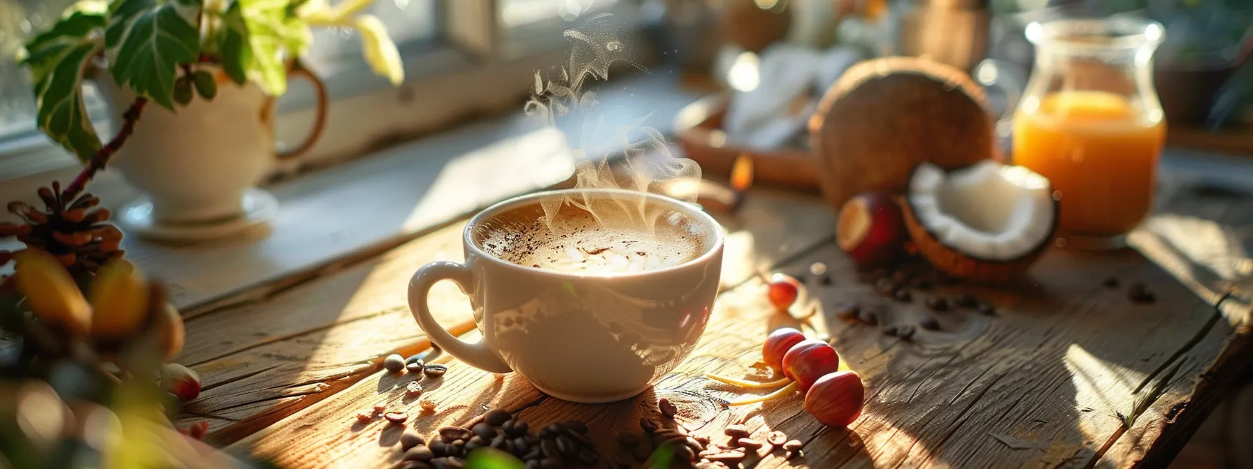 a steaming cup of mushroom coffee, surrounded by vibrant adaptogen ingredients like cordyceps and coconut, sits on a rustic wooden table, illuminated by soft morning light that conveys a sense of focus and clarity.