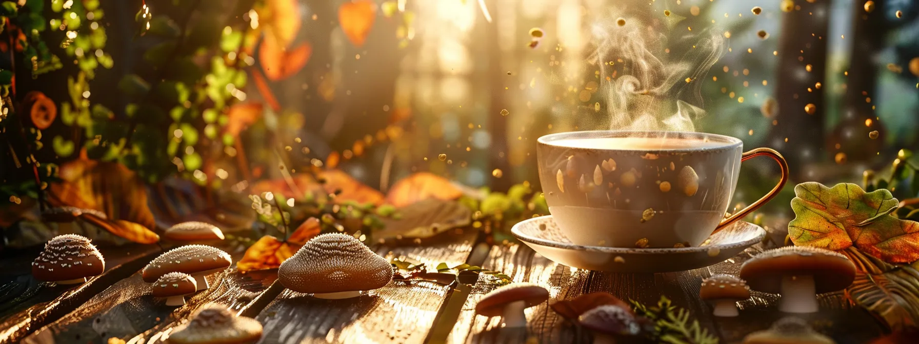 a steaming cup of mushroom coffee sits on a rustic wooden table, with vibrant mushrooms and lush greenery in the background, symbolizing enhanced focus and natural energy, softly illuminated by warm, natural light filtering through a nearby window.