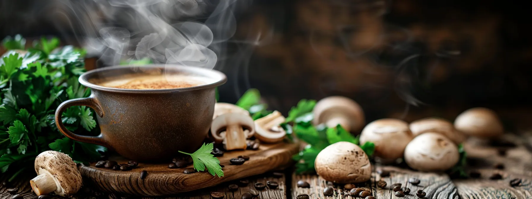 a steaming cup of mushroom coffee, elegantly placed on a rustic wooden table, surrounded by vibrant, fresh mushrooms and lush green herbs, exudes warmth and vitality while capturing the essence of health and wellness.