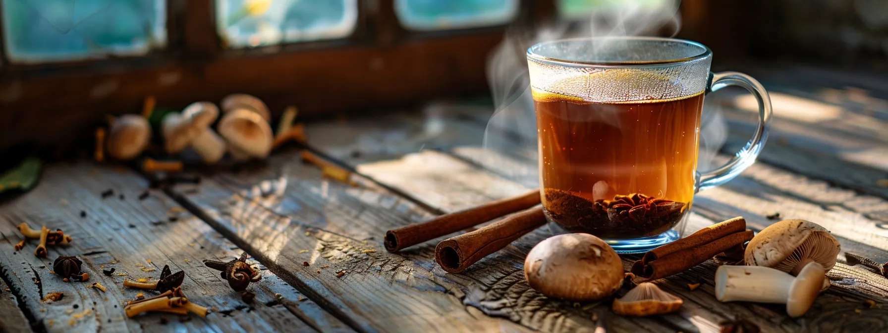 a steaming cup of mushroom coffee sits elegantly on a rustic wooden table, surrounded by fresh cinnamon sticks and vibrant medicinal mushrooms, illuminated by soft morning light that highlights the inviting richness of the beverage.