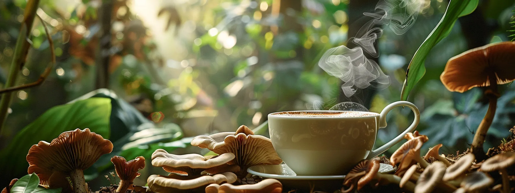 a steaming cup of mushroom coffee, elegantly presented with a hint of coconut, is set against a backdrop of lush, earthy mushrooms, epitomizing a harmonious blend of nature and wellness.