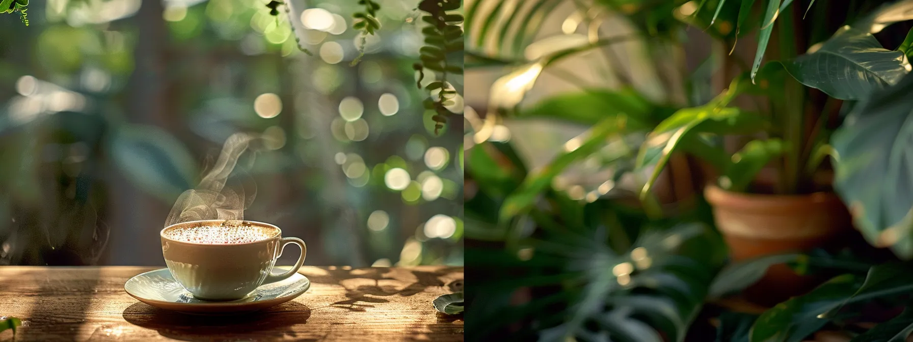 a steaming cup of mushroom coffee sits elegantly on a wooden table, surrounded by natural light filtering through leaves, evoking a sense of balanced energy and holistic wellness.