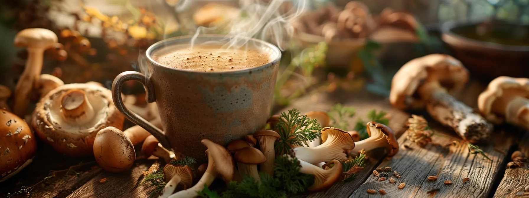 a steaming cup of mushroom coffee sits on a rustic wooden table, surrounded by fresh shiitake mushrooms and vibrant herbs, illuminated by warm, natural light that enhances the earthy tones of the beverage.