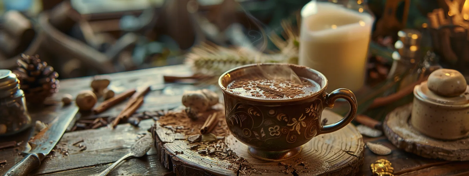 a steaming cup of mushroom hot cocoa ryze is elegantly presented on a rustic wooden table, surrounded by a cozy, warmly lit atmosphere that evokes comfort and inviting aromas of rich chocolate and earthy mushrooms.