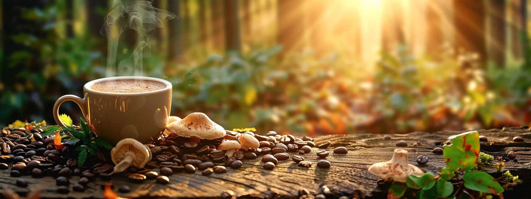a steaming cup of rich, earthy mushroom coffee sits on a rustic wooden table, surrounded by fresh mushrooms and lush green coffee plants, bathed in warm, inviting morning light that highlights its vibrant hues and promotes a sense of natural wellness.