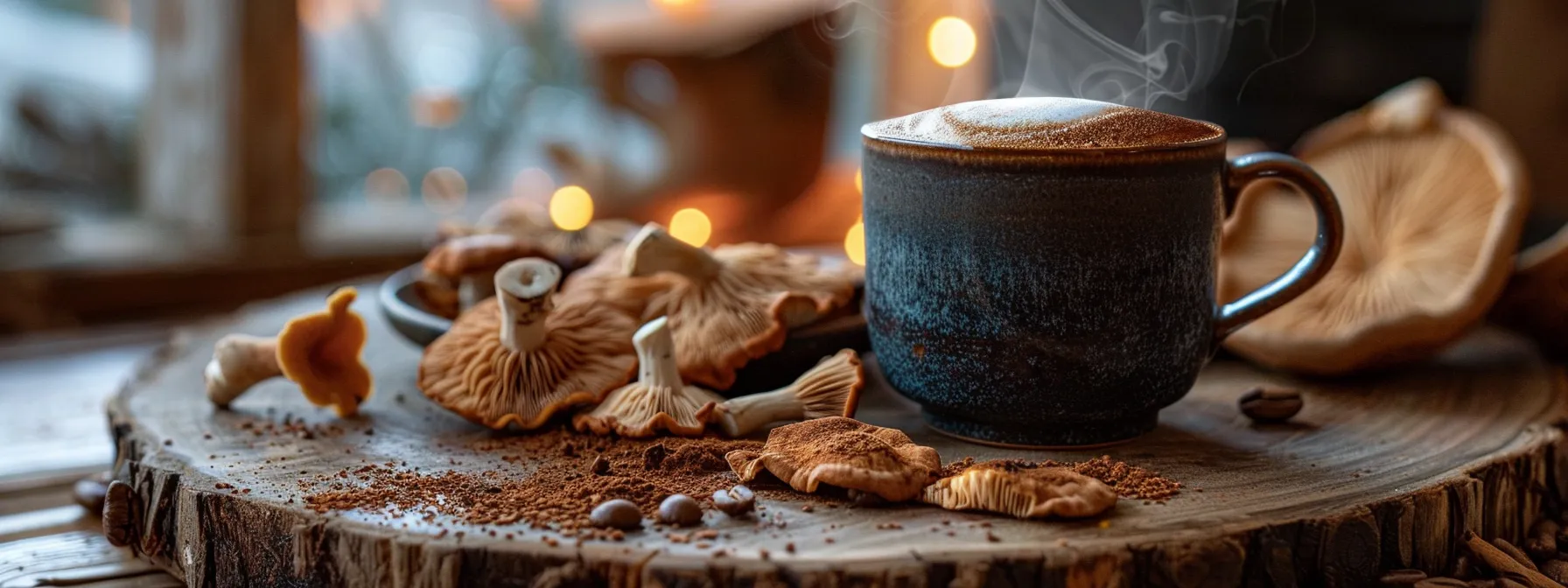 a steaming cup of rich, dark mushroom coffee rests on a wooden table, surrounded by fresh reishi and lion's mane mushrooms, illuminated by warm, soft light that highlights the earthy textures and inviting colors of the beverage and its natural ingredients.