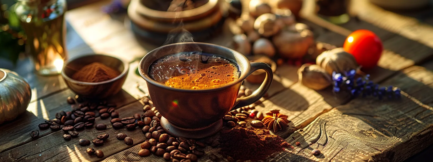 a steaming cup of rich, dark mushroom coffee sits elegantly on a rustic wooden table, surrounded by vibrant, fresh superfood ingredients like cacao pods, chicory root, and colorful spices, all bathed in warm morning light, symbolizing a nourishing and health-boosting daily ritual.