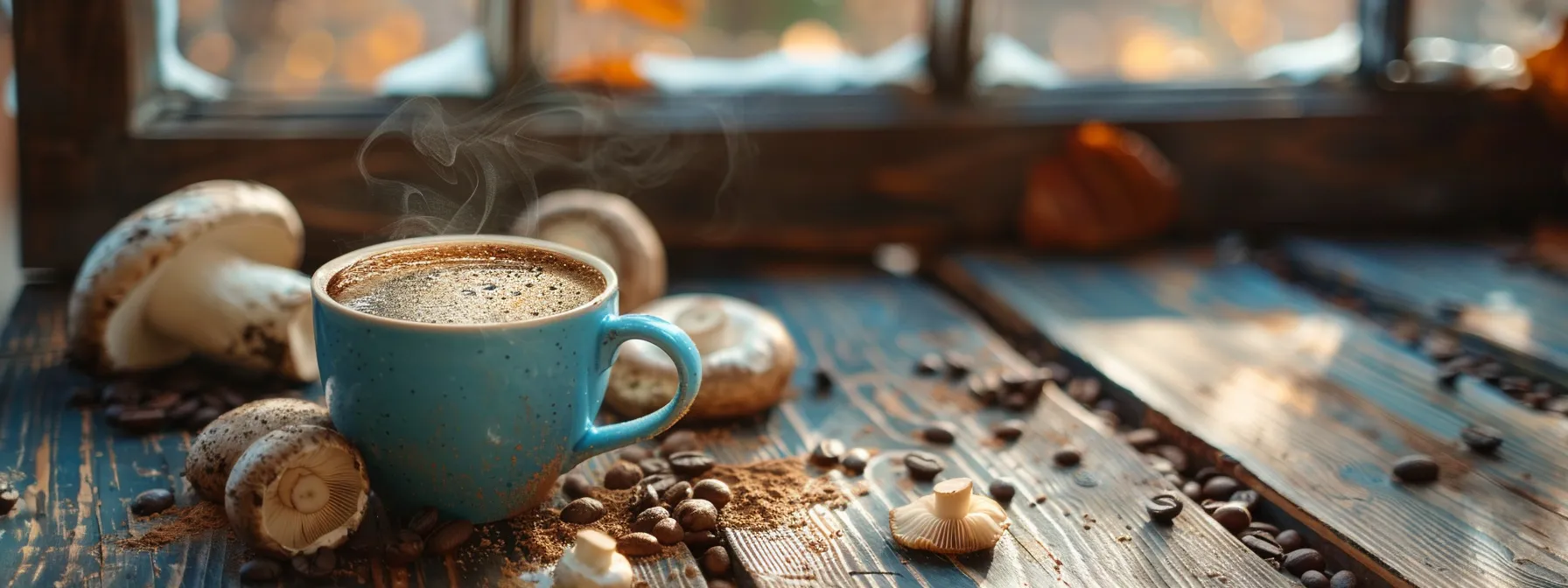 a steaming cup of rich, earthy mushroom coffee sits on a rustic wooden table, surrounded by vibrant, fresh mushrooms and a sprinkle of cocoa powder, bathed in soft morning light that highlights the inviting, warm textures of the scene.