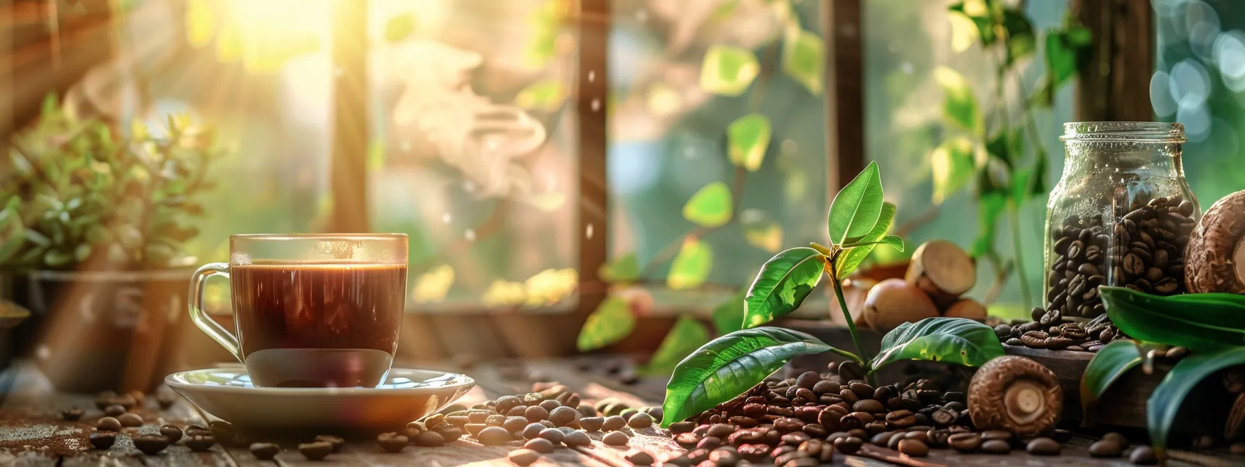 a steaming cup of rich, dark mushroom coffee sits on a rustic wooden table, surrounded by vibrant coffee beans and an array of natural, health-boosting additives, all illuminated by warm morning light filtering through a nearby window.