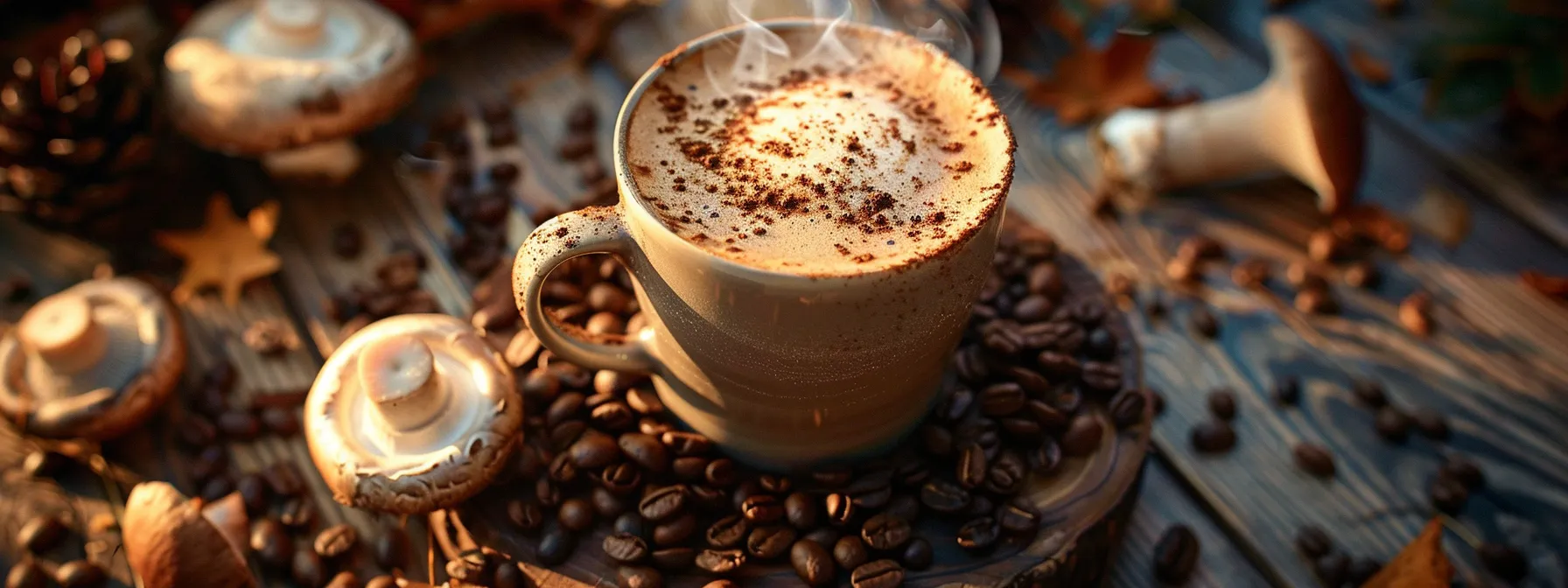 a steaming cup of rich, earthy mushroom coffee sits atop a rustic wooden table, surrounded by fresh mushrooms and coffee beans, illuminated by soft morning light that highlights the inviting aroma and warmth of the beverage.