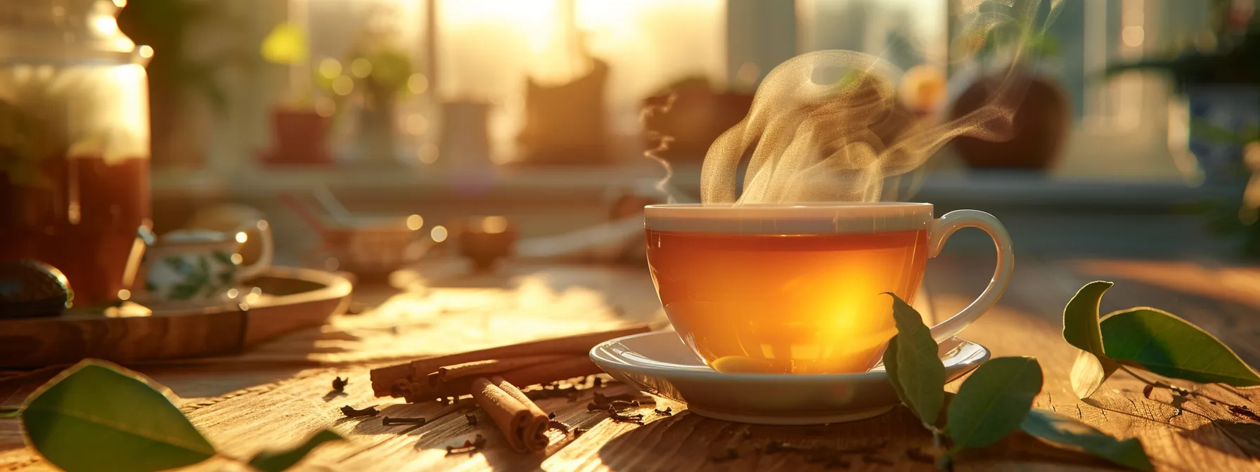 a steaming cup of rich, amber rooibos tea sits invitingly on a rustic wooden table, surrounded by vibrant cinnamon sticks and green tea leaves, bathed in soft, warm morning light that highlights its natural warmth and inviting aroma.