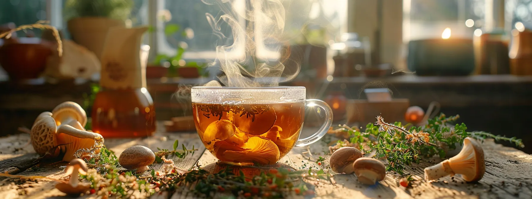 a steaming cup of rich, golden mushroom tea sits on a rustic wooden table, surrounded by vibrant mushrooms and delicate herbs, illuminated by soft, warm light that highlights its inviting allure.