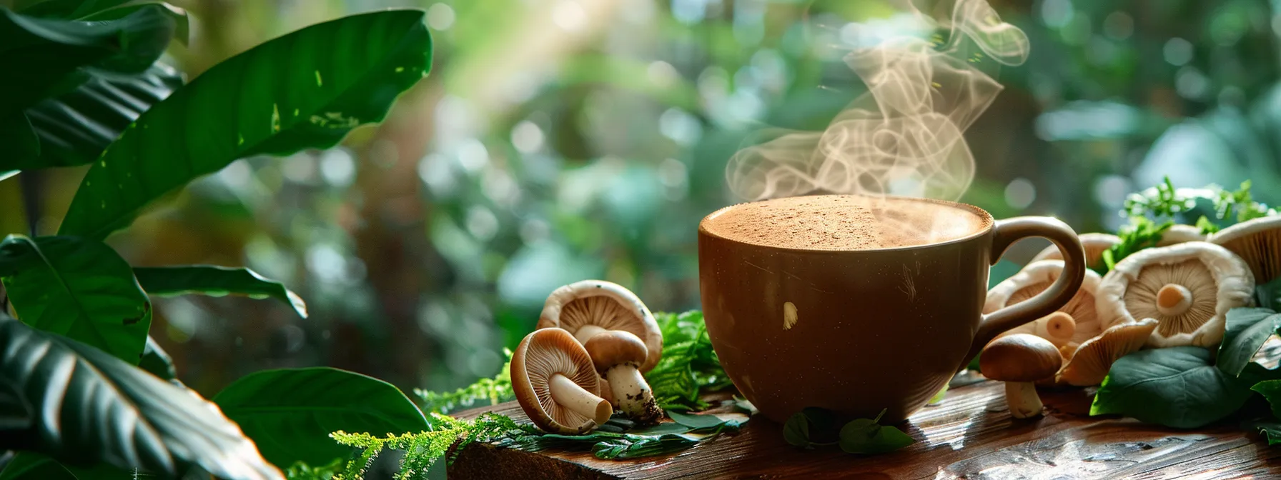 a steaming cup of rich, earthy mushroom coffee sits on a wooden table, surrounded by vibrant mushrooms and lush greenery, symbolizing vitality and wellness under soft, natural light.