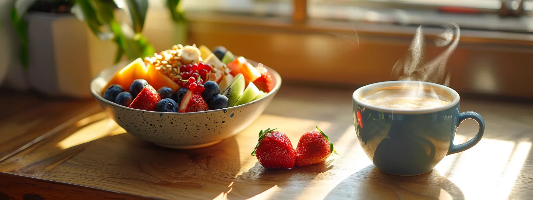 a steaming cup of rich nespresso mushroom coffee sits invitingly beside a vibrant smoothie bowl topped with fresh fruits, bathed in soft morning light, symbolizing a harmonious blend of health and indulgence.