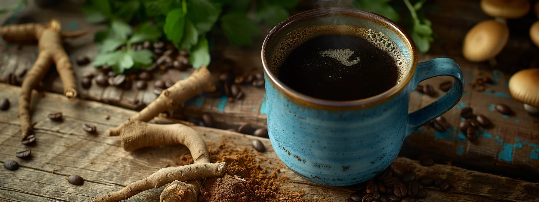 a steaming cup of rich, dark chicory coffee rests on a rustic wooden table, surrounded by fresh chicory roots and vibrant chaga mushroom powder, exuding warmth and inviting a sense of unique flavor exploration.