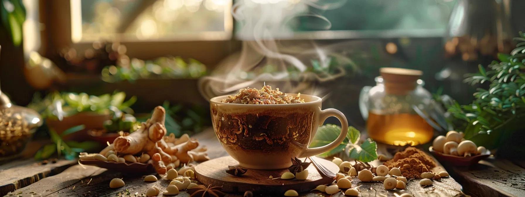 a steaming cup of rich, dark chaga mushroom tea rests on a rustic wooden table, surrounded by fresh forest elements and vibrant herbs, radiating wellness and a natural glow.