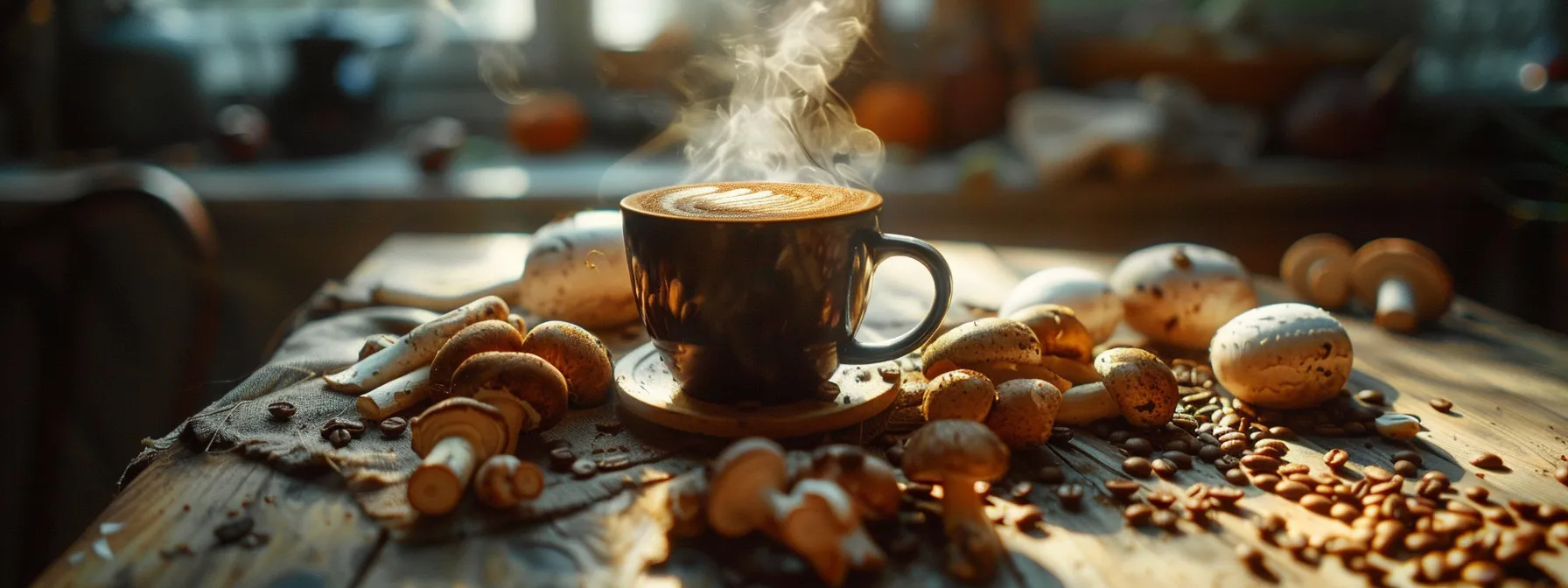 a steaming cup of rich, dark mushroom coffee sits atop a rustic wooden table, surrounded by fresh mushrooms and scattered coffee beans, glowing in warm, natural light to evoke a sense of wellness and vitality.
