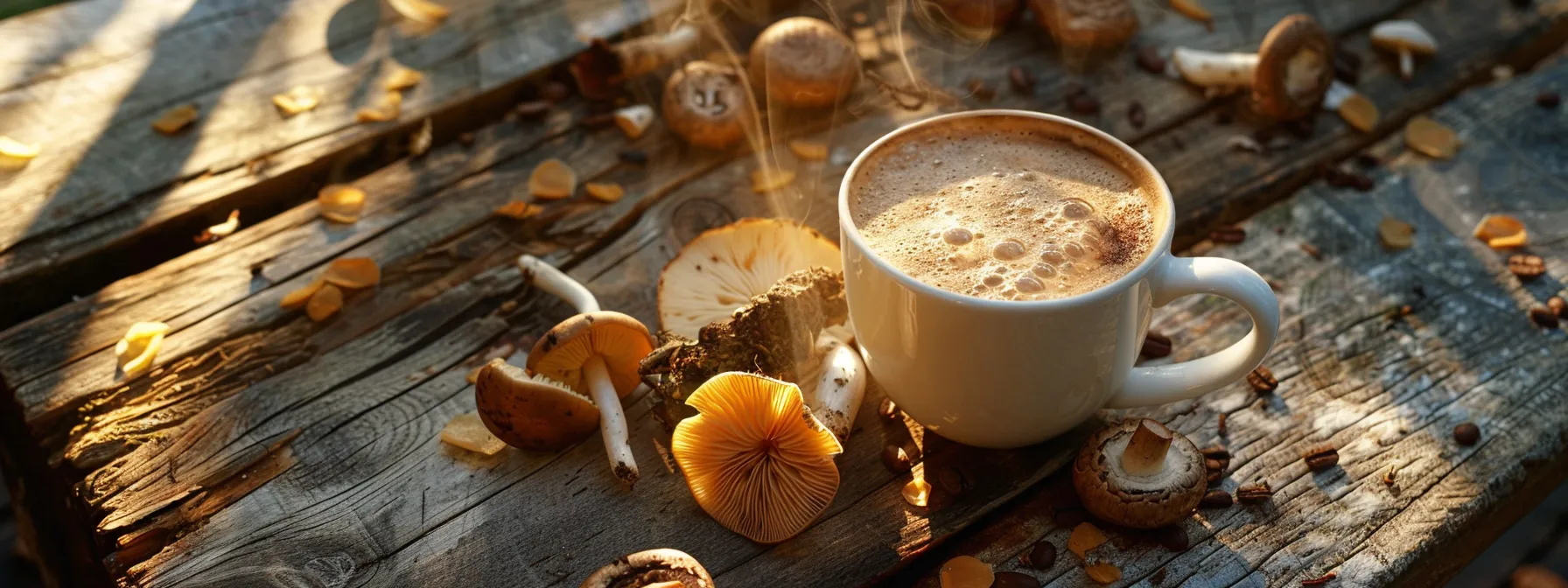 a steaming cup of rich, earthy mushroom coffee sits on a rustic wooden table, surrounded by fresh shiitake and chaga mushrooms, softly illuminated by warm morning light, highlighting the unique blend's inviting aroma and health benefits.