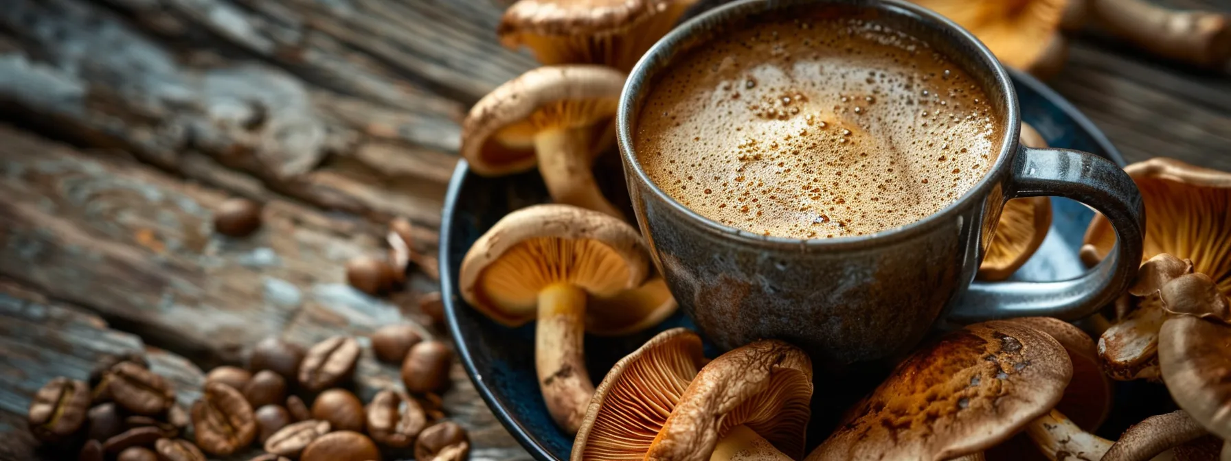 a steaming cup of rich, earthy mushroom coffee sits on a rustic wooden table, with vibrant reishi mushrooms and various natural additives artfully arranged around it, capturing the essence of wellness and flavor exploration.
