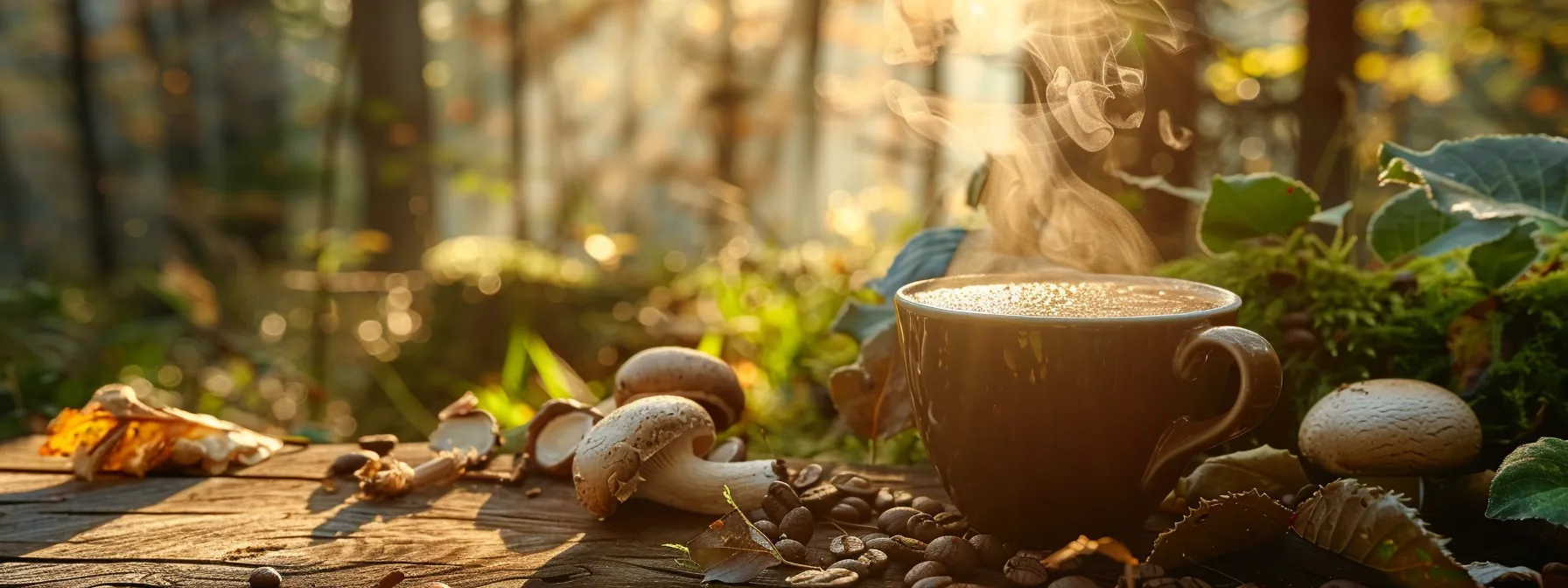 a steaming cup of ryze mushroom coffee sits on a rustic wooden table, surrounded by vibrant, fresh mushrooms and lush green foliage, illuminated by warm, natural sunlight that highlights the rich, inviting color of the brew.