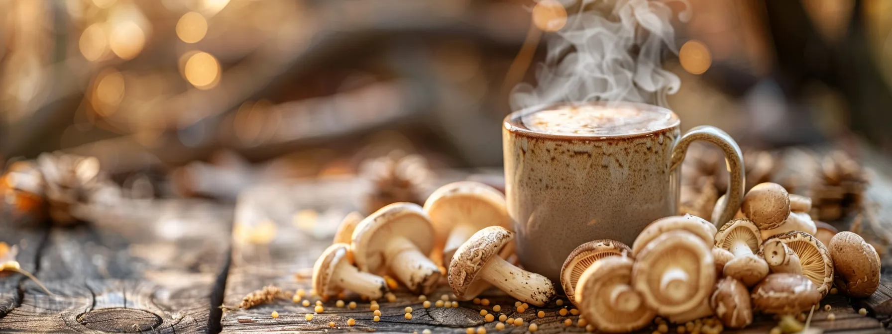 a steaming mug of rich mushroom coffee sits on a rustic wooden table, surrounded by vibrant, fresh mushrooms, exuding warmth and vitality in soft, natural light that highlights the earthy tones and inviting aroma of this innovative health beverage.