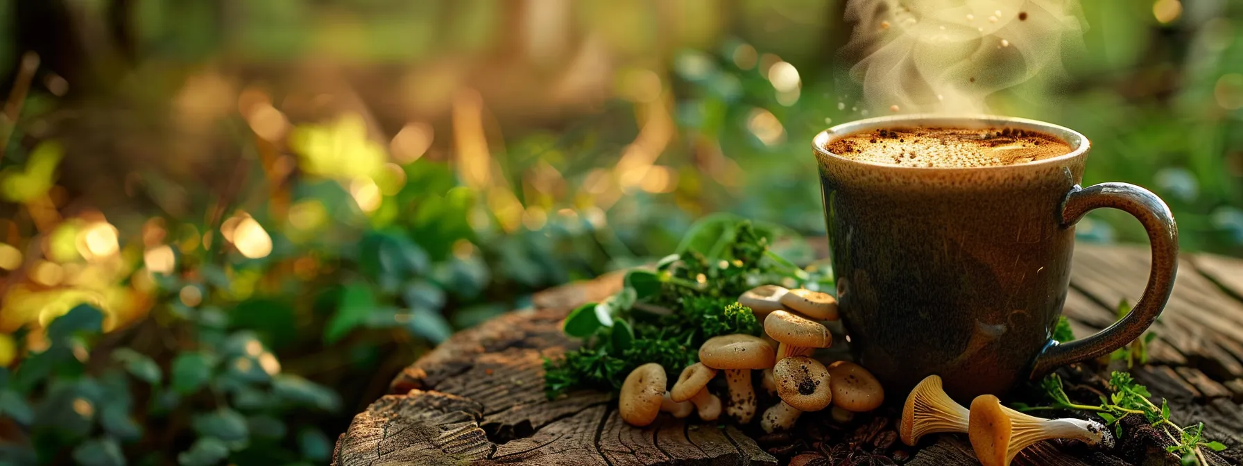 a steaming mug of rich, dark mushroom coffee sits on a rustic wooden table, surrounded by lush green mushrooms and vibrant herbs, illuminated by soft morning light that highlights the inviting warmth and vitality of this natural energy-boosting beverage.
