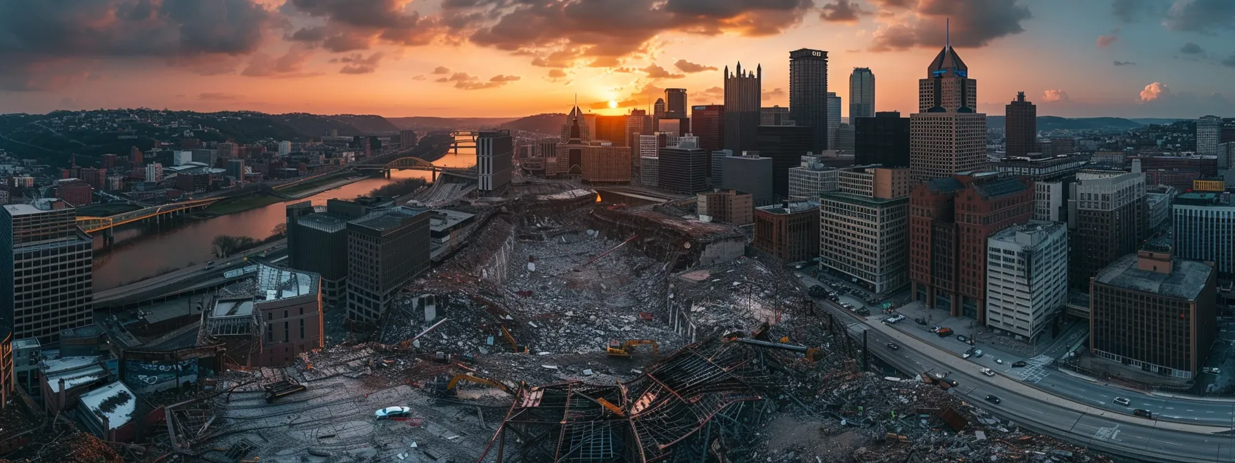 a striking aerial view of a bustling pittsburgh skyline juxtaposed with the intricate, chaotic remnants of a recent demolition site, illuminated by the warm glow of sunset, emphasizing the transformative nature of urban development and cost considerations.