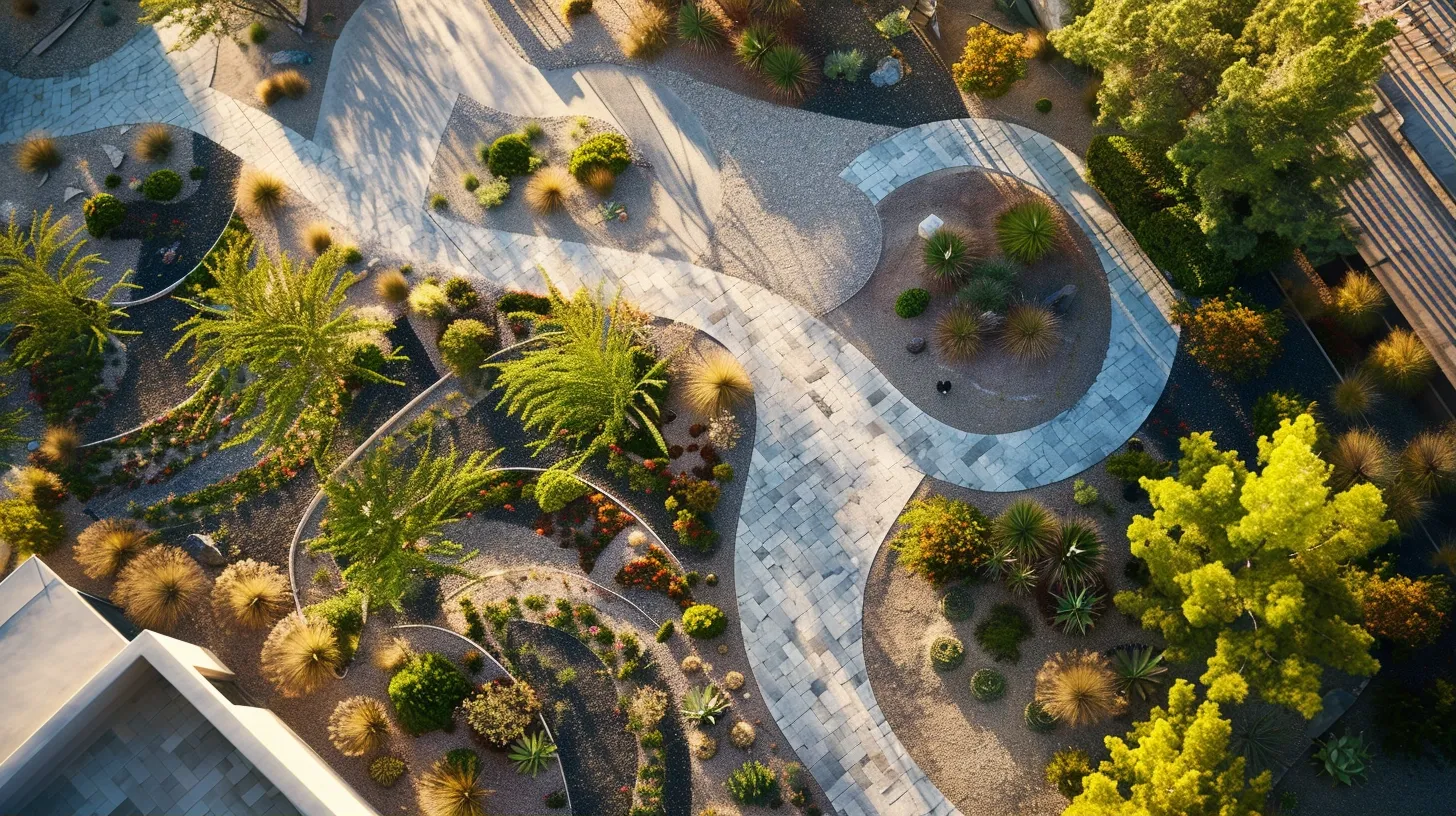 a striking aerial view of a modern arizona home showcasing a meticulously designed landscape with vibrant desert plants and elegant stone pathways under a bright, cloudless sky. a striking aerial view of a modern arizona home showcasing a meticulously designed landscape with vibrant desert plants and elegant stone pathways under a bright, cloudless sky.