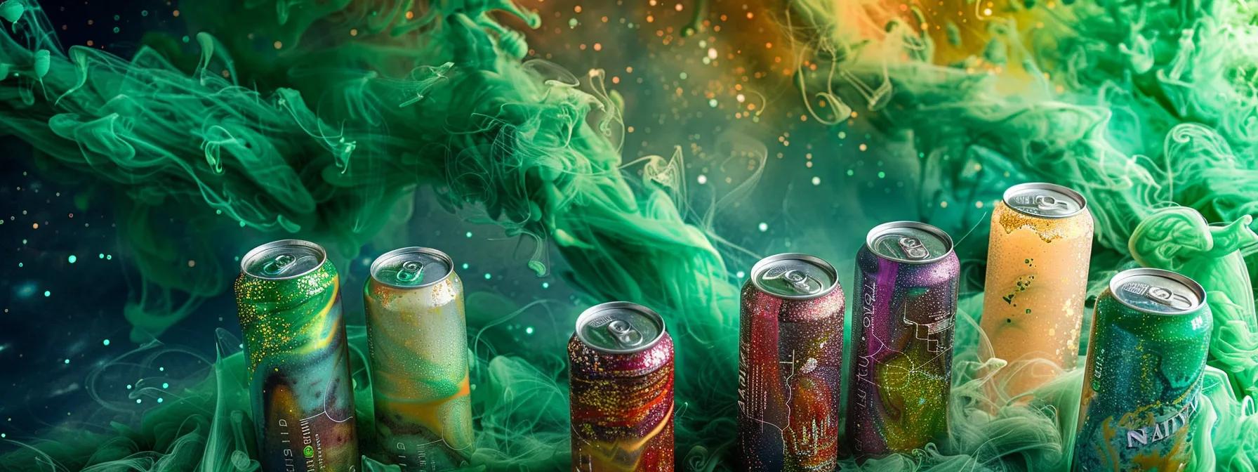a striking arrangement of vividly designed cans of anomaly's thc-infused seltzers floats against a cosmic backdrop of swirling green nebulas, emphasizing product transparency and quality with clear labels showcasing precise thc measurements and lab test results. a striking arrangement of vividly designed cans of anomaly's thc-infused seltzers floats against a cosmic backdrop of swirling green nebulas, emphasizing product transparency and quality with clear labels showcasing precise thc measurements and lab test results.