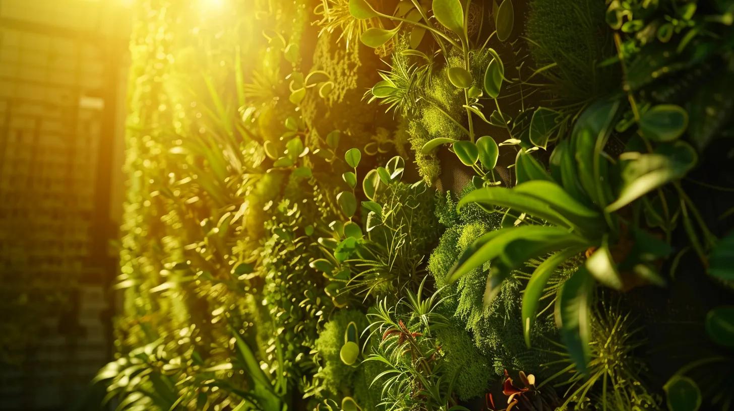 a striking close-up of a vibrant green wall made entirely of living plants and recycled materials, showcasing the innovative fusion of sustainability and architecture under warm, natural sunlight. a striking close-up of a vibrant green wall made entirely of living plants and recycled materials, showcasing the innovative fusion of sustainability and architecture under warm, natural sunlight.