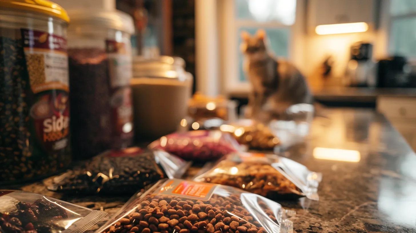 a striking close-up shot of an elegant, modern kitchen countertop displaying an assortment of freeze-dried raw cat food packages, illuminated by soft, warm lighting to emphasize the vibrant colors and textures, showcasing the nutritional essence and quality of the ingredients. a striking close-up shot of an elegant, modern kitchen countertop displaying an assortment of freeze-dried raw cat food packages, illuminated by soft, warm lighting to emphasize the vibrant colors and textures, showcasing the nutritional essence and quality of the ingredients.