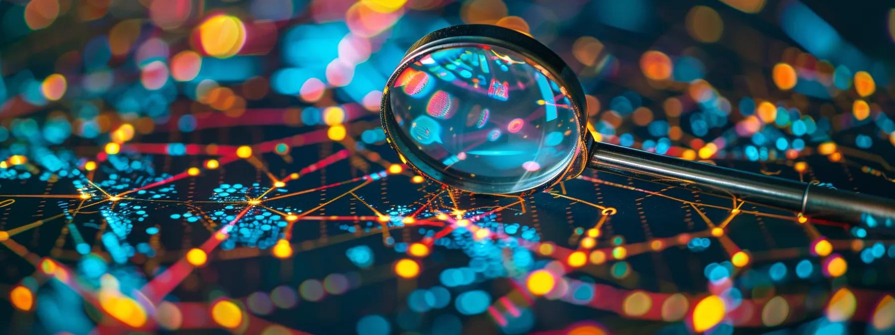 a striking close-up of a magnifying glass hovering over a vibrant digital map of interconnected links, symbolizing the in-depth analysis of competitors’ backlink profiles in a competitive landscape.
