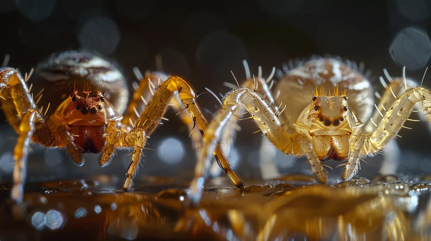 a striking close-up of two distinctly different spider species side by side on a textured office desk, highlighting their subtle morphological differences under focused overhead lighting, emphasizing the intricacies of spider identification. a striking close-up of two distinctly different spider species side by side on a textured office desk, highlighting their subtle morphological differences under focused overhead lighting, emphasizing the intricacies of spider identification.